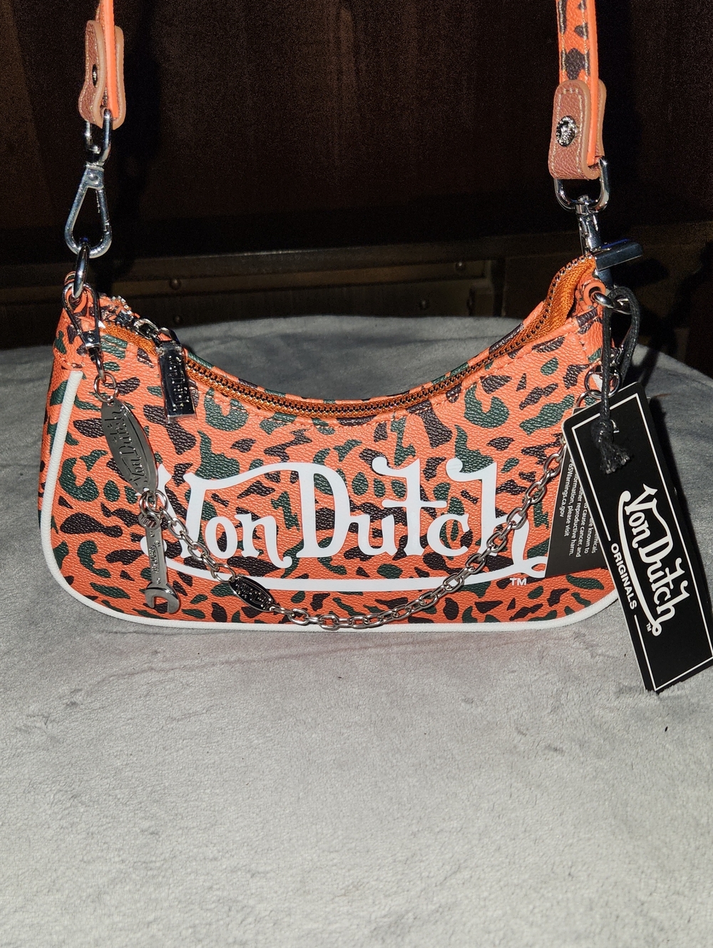 Von Dutch Orange Leopard Mini Shoulder Bag with Chain